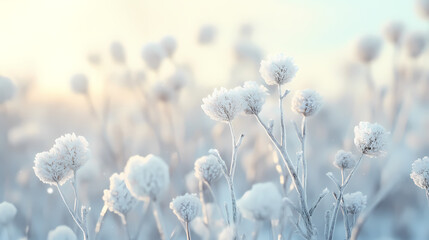 Fototapeta premium White fluffy plants in middle snowy field, snow frost plant. Frozen Tundra. Illustration