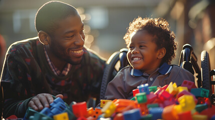 Parent and children learning through play. Disabled black child in wheelchair smiling with caregiver playing with building blocks. Nursery for special needs kids. Ethnic diversity diverse inclusive.