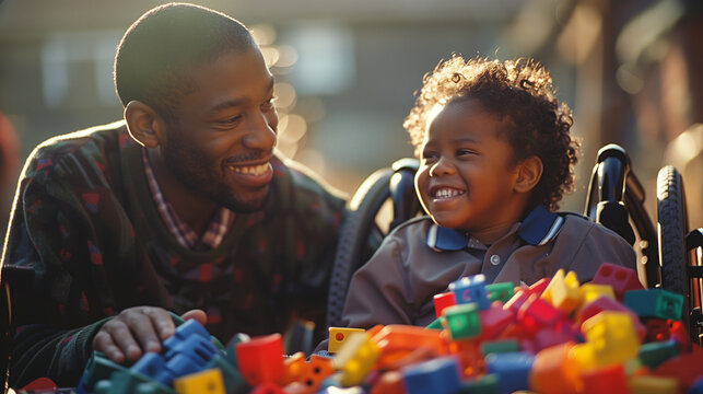 Parent and children learning through play. Disabled black child in wheelchair smiling with caregiver playing with building blocks. Nursery for special needs kids. Ethnic diversity diverse inclusive. - Powered by Adobe