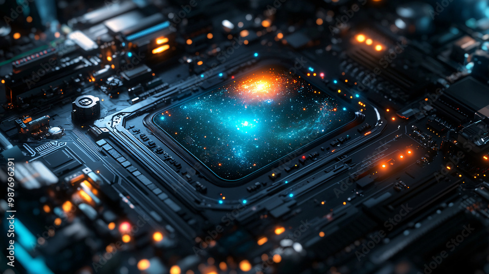 Poster a microchip generating a holographic map of a galaxy. with stars and planets interconnected by glowi