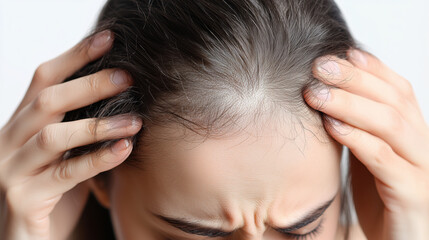 Naklejka premium woman touching her scalp, showing signs of hair loss and concern