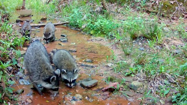 Raccoon kits and their mama looking for food in a small creek in daylight