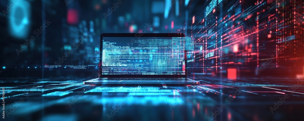 Poster futuristic laptop with code and data visualizations in neon glow representing technology and innovat