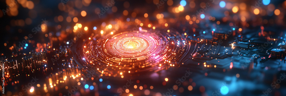 Poster a microchip generating a holographic map of a galaxy. with stars and planets interconnected by glowi