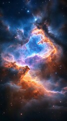 Obraz premium A vibrant nebula explodes with color against a backdrop of twinkling stars. The cosmic clouds swirl and dance, creating a stunning display of celestial beauty.