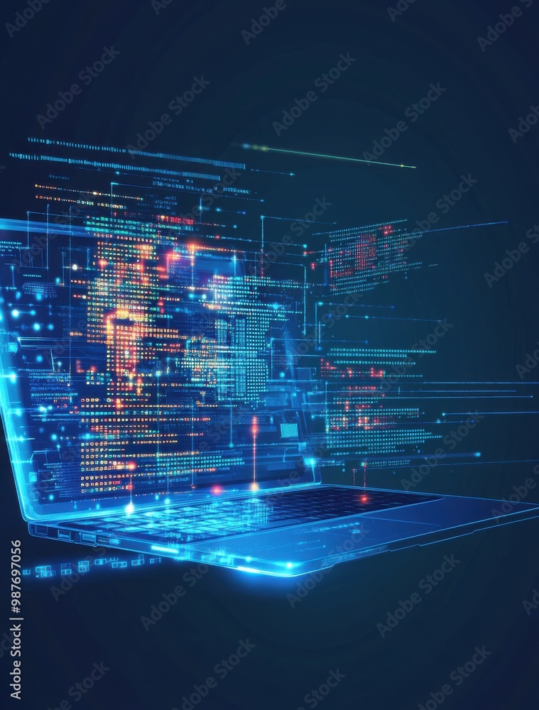 Poster futuristic laptop display with code and data visualizations in a neon digital environment