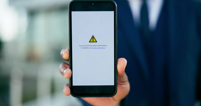 Phone screen, error and hand of business man in city for app suspension, privacy policy and website launch error. Online agreement, ui system and violation sign with closeup and interface glitch