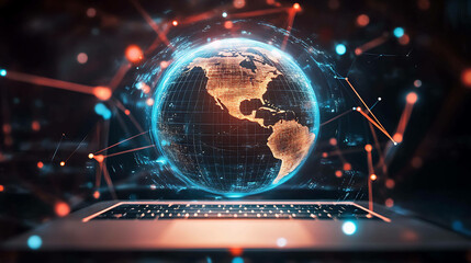 A glowing digital globe hovers over a laptop keyboard, symbolizing the global reach of technology.