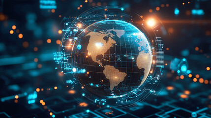 Obraz premium 3D rendering of a glowing digital globe with futuristic lines and data.