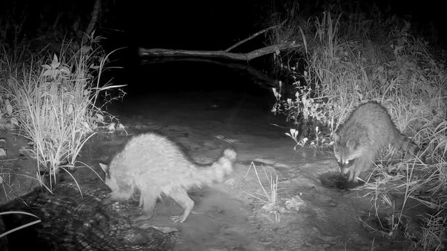 Baby raccoon learning to look for food with their mama in a small creek at night