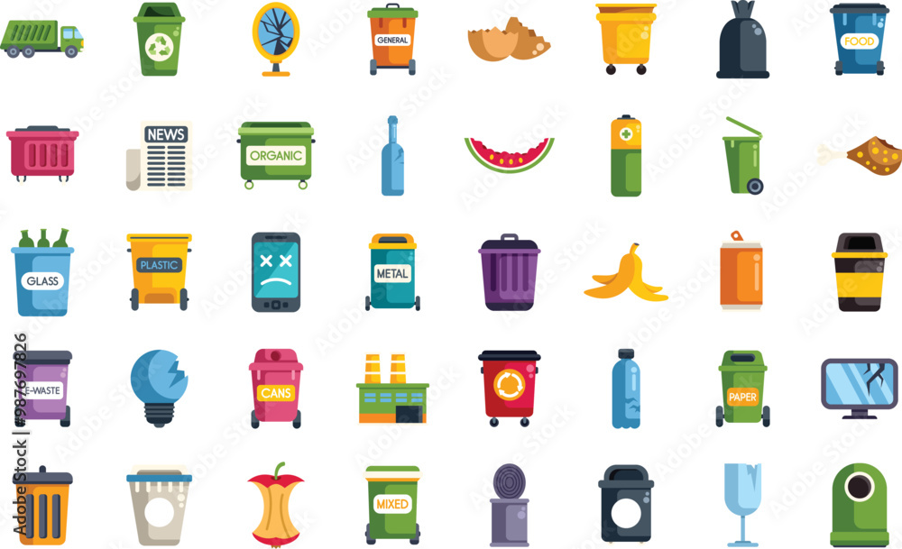 Poster large set of icons about garbage sorting, recycling and different types of waste with garbage contai