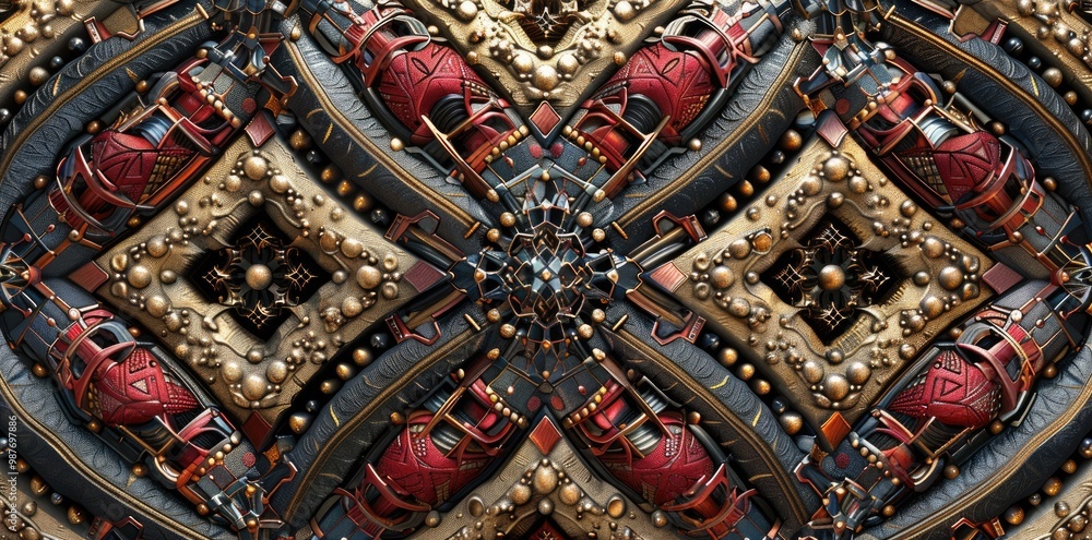 Poster An intricate abstract design featuring symmetrical patterns and textures in rich colors.