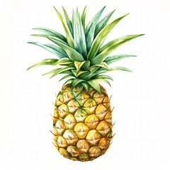 A single, whole, ripe pineapple with green leaves isolated on a white background.