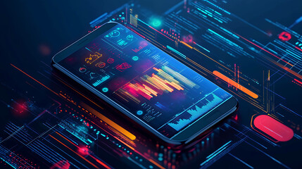 Fototapeta premium A smartphone with colorful data visualizations and a glowing blue circuit board background.