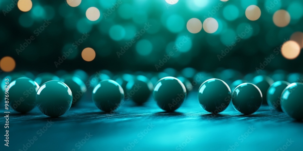 Poster abstract image of teal spheres on a dark background with bokeh lights in the background.