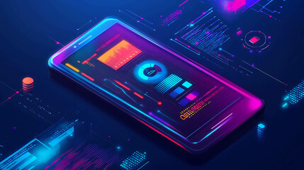Smartphone with glowing screen displaying data charts and graphs.