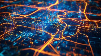 Futuristic Digital City Map with AI-Powered Traffic Management and Glowing Optimized Routes
