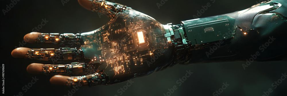 Poster a microchip in a character's cybernetic arm. displaying energy circuits.