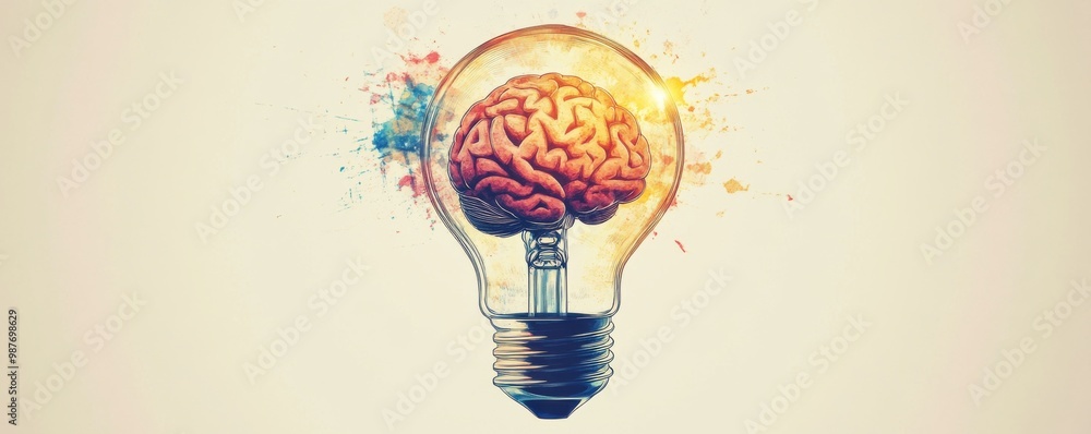 Poster creative concept image of a light bulb with a brain inside symbolizing innovative thinking and intel