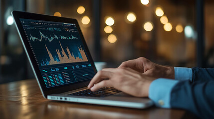 A person's hands type on a laptop with a graph displayed on the screen.