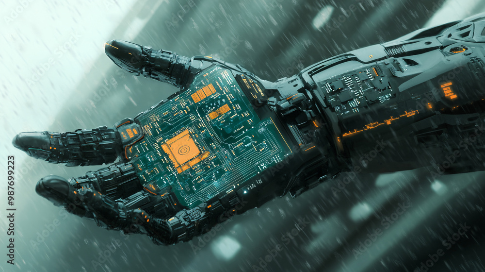 Poster a microchip in a character's cybernetic arm. displaying energy circuits.