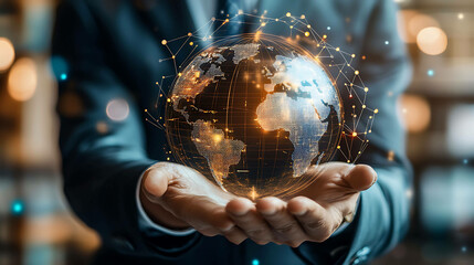 Fototapeta premium A blurry image showing a globe with lines extending from it, the image is abstract and likely a representation of global connectivity.