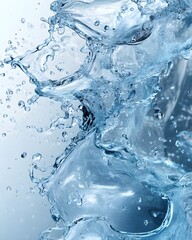 Crystal-clear water splash, isolated on white, with vibrant blue bubbles and sparkling droplets, capturing the essence of a refreshing drink