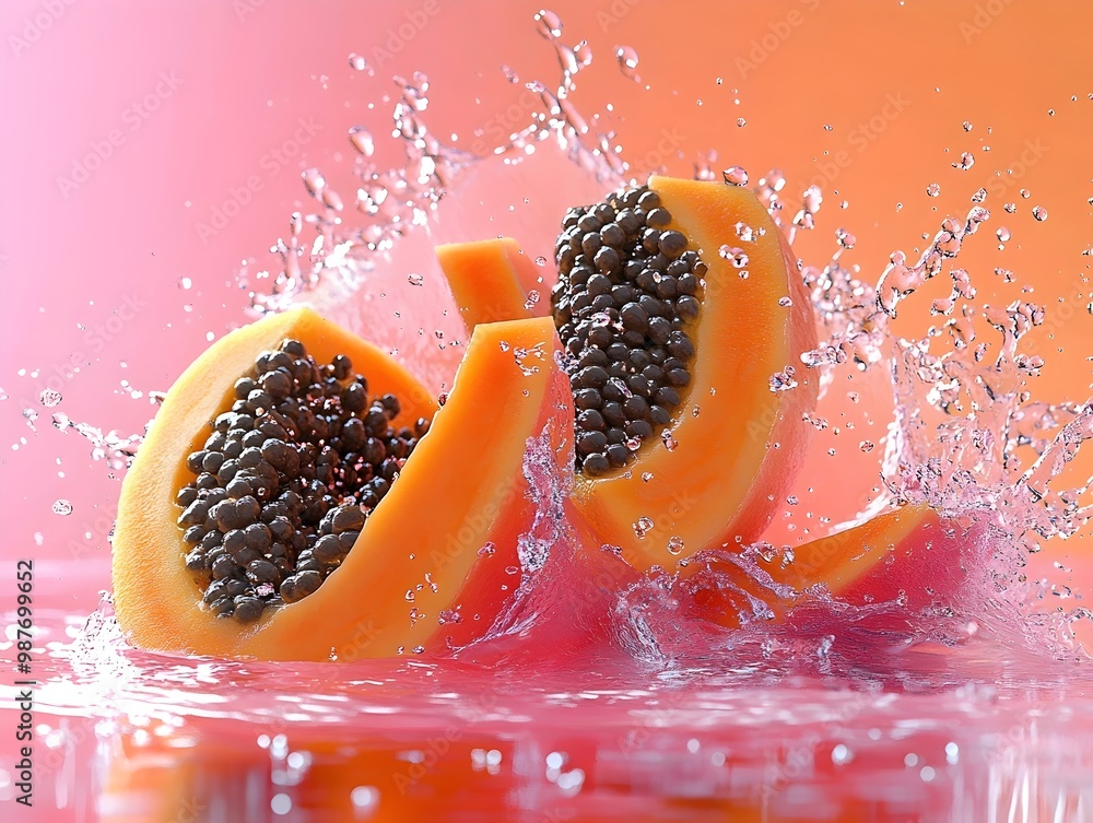 Poster A vibrant papaya splashes into a pool of water, creating a captivating display of freshness and energy.