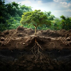 A small tree with its roots exposed against a blurred background of green foliage.