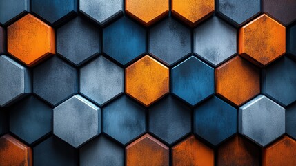 Abstract Hexagon Pattern   Orange  Blue  Grey Geometric Background