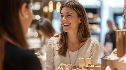 A happy customer enjoying a members-only event in a luxury store, with personalized gifts and attentive staff, showcasing the exclusive and valued experience of membership