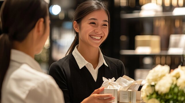 A happy customer enjoying a members-only event in a luxury store, with personalized gifts and attentive staff, showcasing the exclusive and valued experience of membership