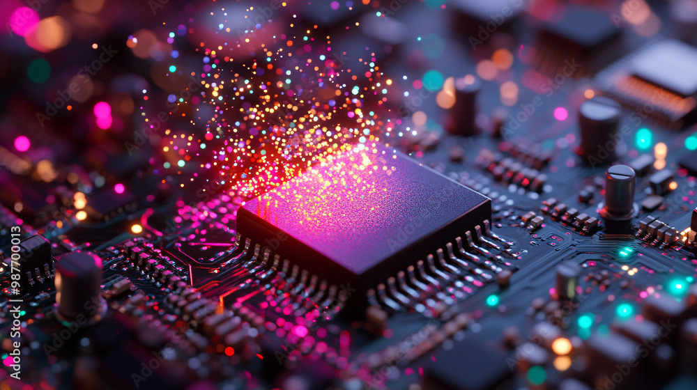 Poster a microchip in a magical girl's transformation device. emitting colorful sparkles.