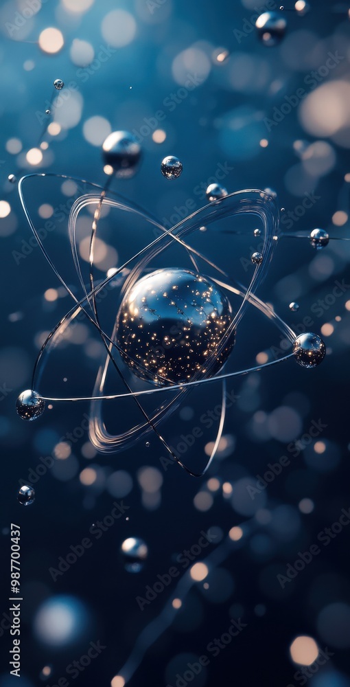 Poster macro view of an atom with protons and electrons orbiting in a scientific and futuristic 3d illustra
