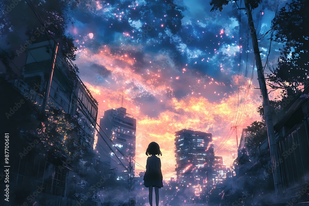 Sticker Anime girl standing in a cityscape at night, gazing up at a vibrant sky filled with stars and lights