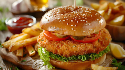 Crispy Chicken Burger with French Fries A Delicious Meal
