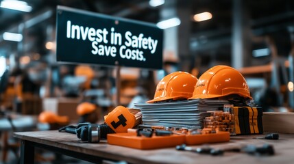 Safety equipment and helmets on a warehouse table, promoting investment in safety measures for cost savings.