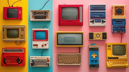 A colorful array of vintage electronics, including televisions, computers, and game consoles, arranged on a vibrant background.