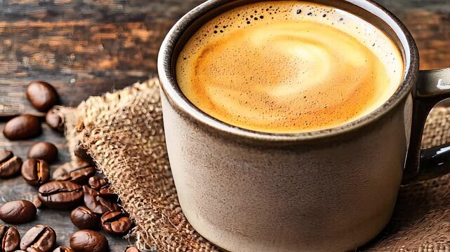 Freshly brewed coffee in a rustic cup with coffee beans on a wooden table, evoking warmth, comfort, and the aroma of a perfect brew.
