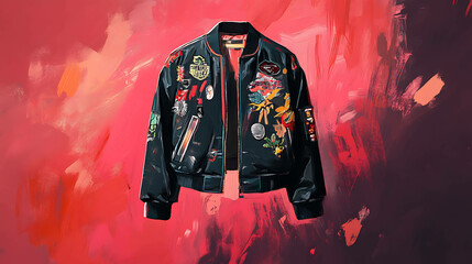 Fototapeta premium Black bomber jacket with colorful patches against a red and orange painted background.
