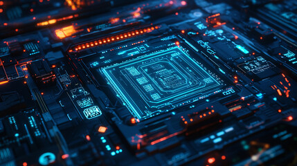Obraz premium A microchip in a mecha suit's control panel. displaying complex holographic interfaces. 