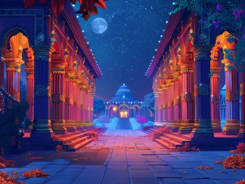 banner background of Navratri Day, [A serene depiction of a nighttime temple adorned with vibrant decorations, where the moonlight softly bathes the surroundings,