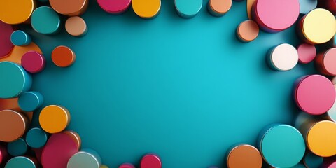 A vibrant and colorful frame of circles arranged around a blue background, creating a dynamic and playful composition.