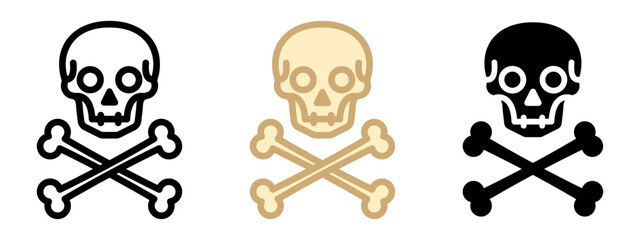 Skull and crossed bones icon. Human evil skull symbol. Jolly Roger sign. Halloween illustration.