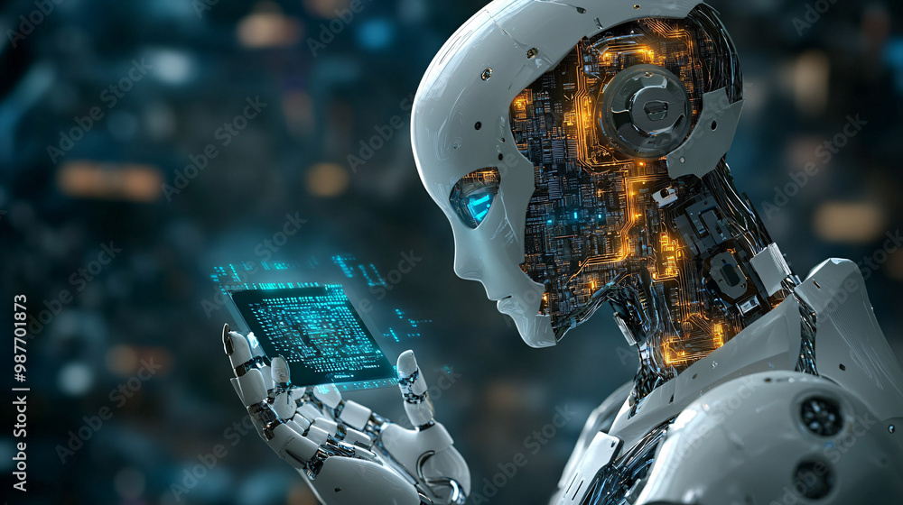Poster a microchip in a robot companion's core. radiating warmth and loyalty.