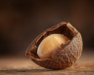 Close-up of a shea nut with its extract, showcasing the rich, creamy texture