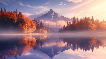 mountain range covered in mist, a serene lake