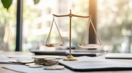 financial advisor's desk featuring a balance scale, with one side filled with certificates symbolizing long-term investments and the other side with a small savings account book, s