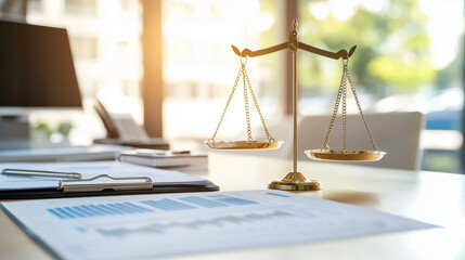 financial advisor's desk featuring a balance scale, with one side filled with certificates symbolizing long-term investments and the other side with a small savings account book, s
