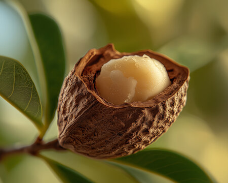 Close-up of a shea nut with its extract, showcasing the rich, creamy texture